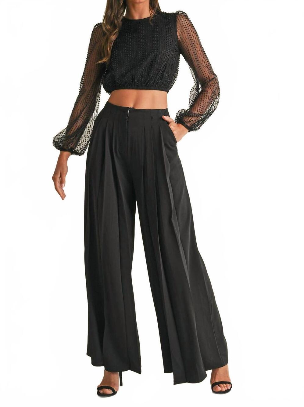 NEW ENDLESS BLU. bead & pearl embellished long sleeve blouse in black